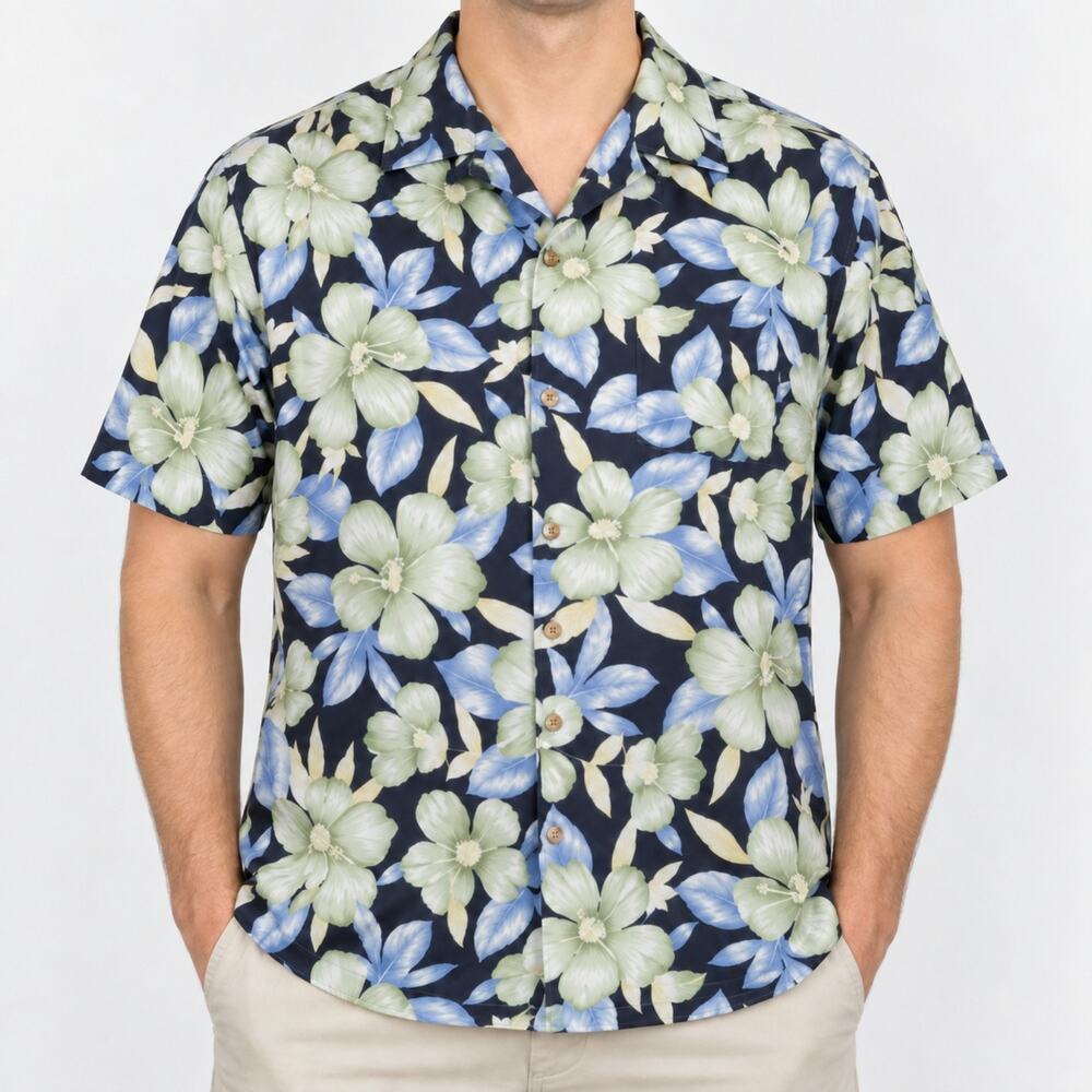GH Bass Shirt Mens Large Blue Green Floral Hawaiian Button Up 100% Silk Camp